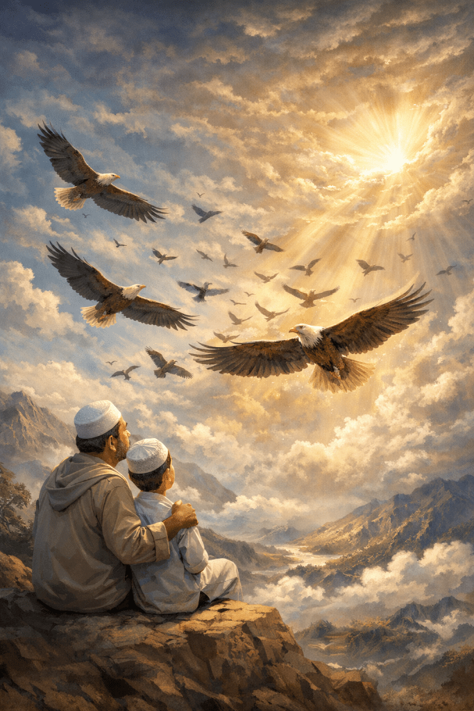 Patutkah mereka menutup mata dan tidak memerhatikan (kekuasaan Allah pada) burung-burung yang terbang di atas mereka, (siapakah yang menjaganya ketika) burung-burung itu mengembang dan menutupkan sayapnya? Tidak ada yang menahannya (daripada jatuh) melainkan (kekuasaan) Allah Yang Maha Pemurah. Sesungguhnya Ia Maha Melihat serta mengetahui akan tiap-tiap sesuatu.

(Al-Mulk 67:19)